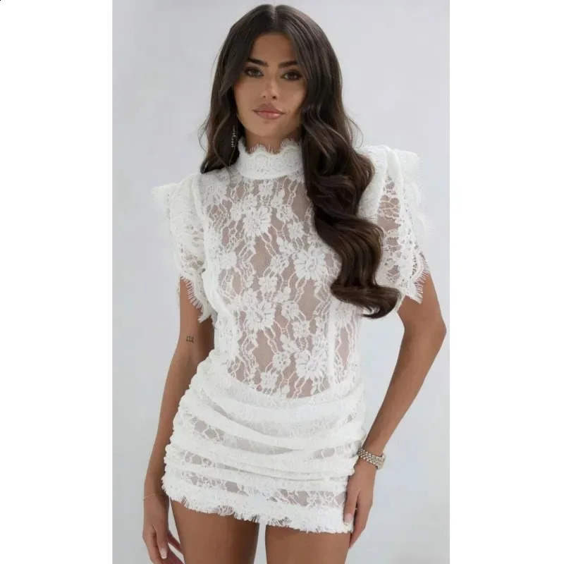 Sexy Black Lace Pleated Mini Dresses for Women Half High Collar Short Sleeve Spliced Sheer Club Party Dress Female Vestidos 260917