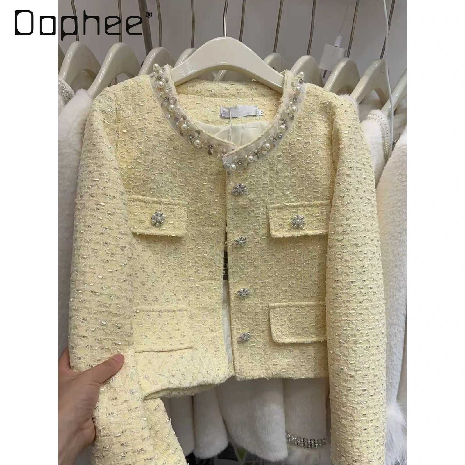 Rhinestone Heavy Beaded Round Neck Single-Breasted High-End Tweed Short Coat for Women Exquisite Socialite Loose Casual Coat C260917