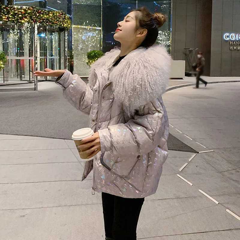 2026 New Glossy Down JaCKet Womens THiCK Fashion European Large Lamb Fur Collar StitCHIng Puffer Parka Coats Female H260917