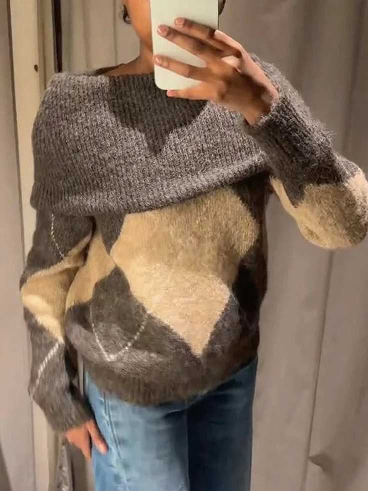 Women's Brown Beige Plaid Knitted Sweater Fashion Off Shoulder Patchwork Loose Blouse Lady 2025 Autumn Winter Casual Outerwear S260917M2TK