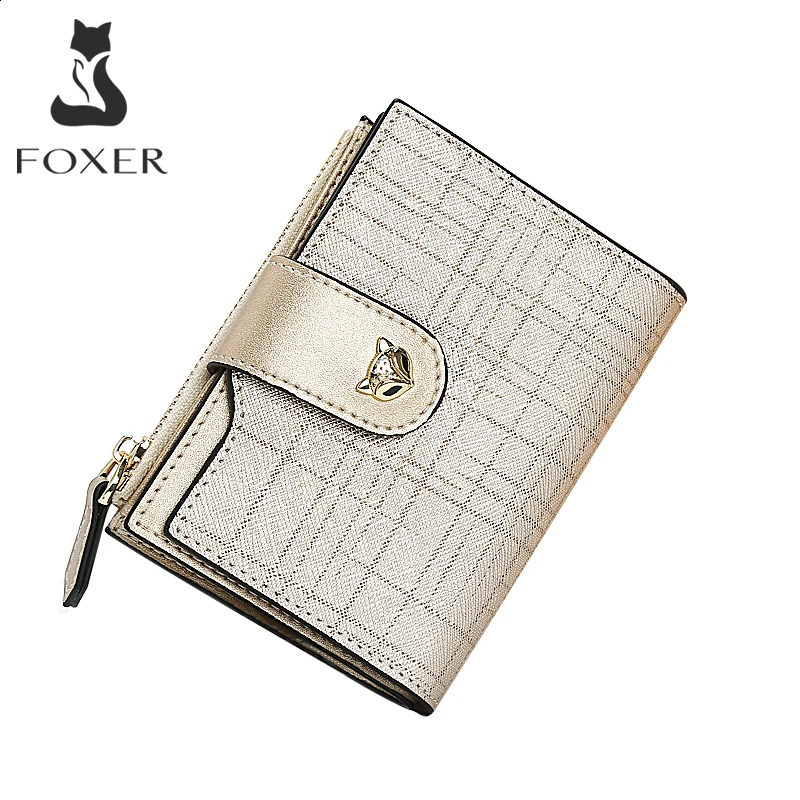 FOXER 2026 Cowhide Leather Womens Short Wallet High Quality Clutch Card Purse Mini Fashion Female Folding Antitheft Bag 260917
