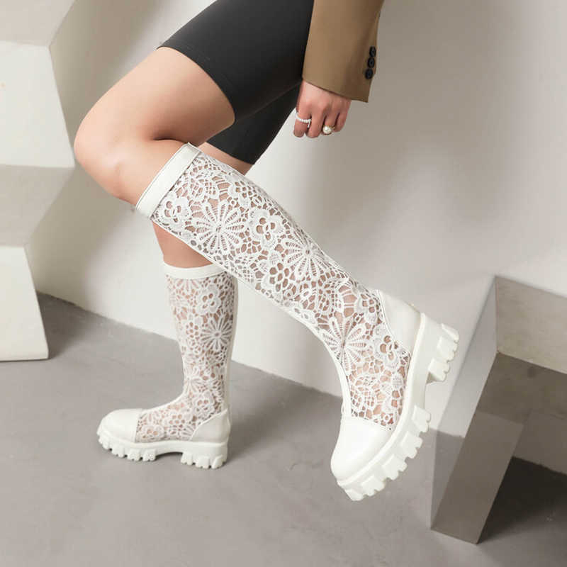 Mesh Boots Lace Summer Women Mid Heels Knee High Boots Women Sandals Thick Bottom Platform Cool Boots Female Shoes WSH5656 D260917