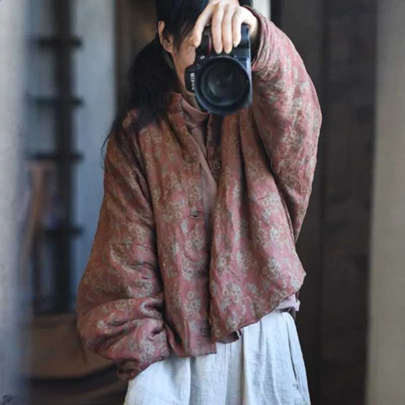 Johnature Women Vintage Ramie Parkas Print Floral Button Stand Long Sleeve Winter Warm Coats 2025 New Plus Cotton Loose Parkas H260917