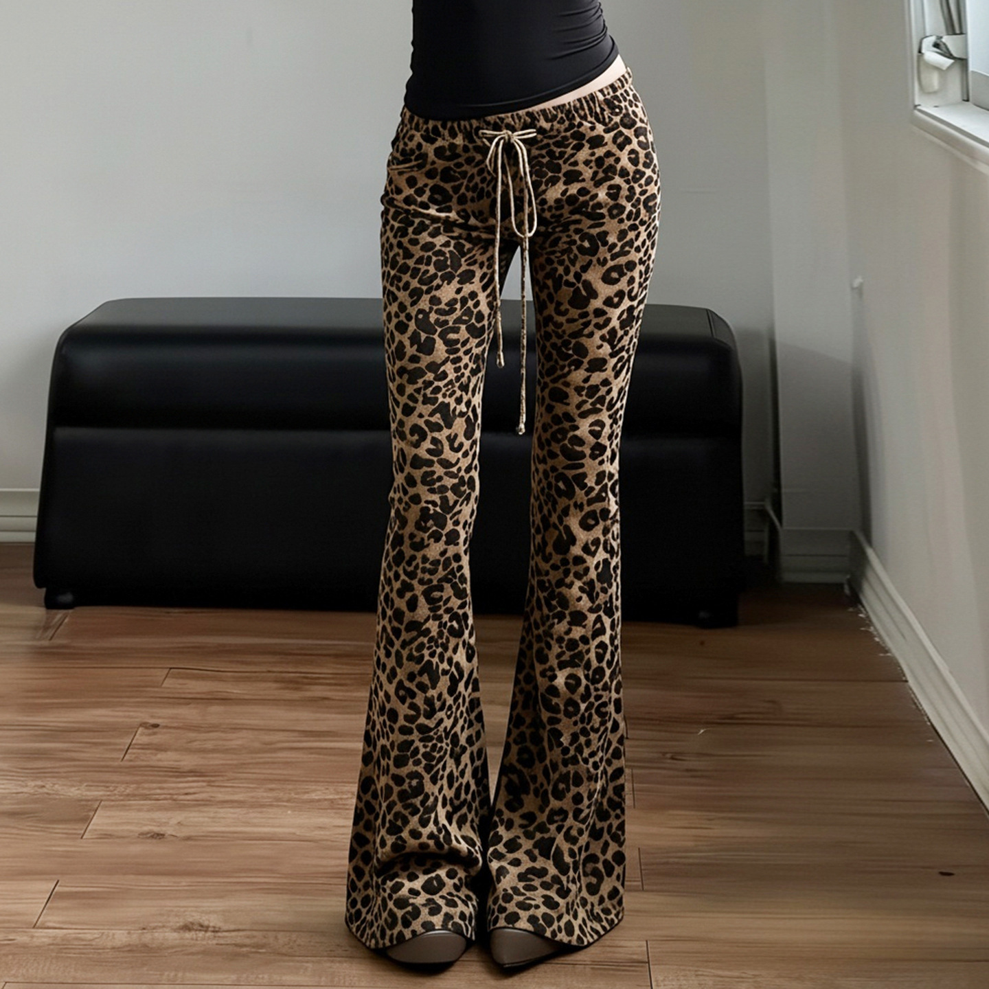 Cross-border new sexy leopard print tie-waist casual for women, street style, fashionable, trendy, slimming, and slightly flared long pants c6