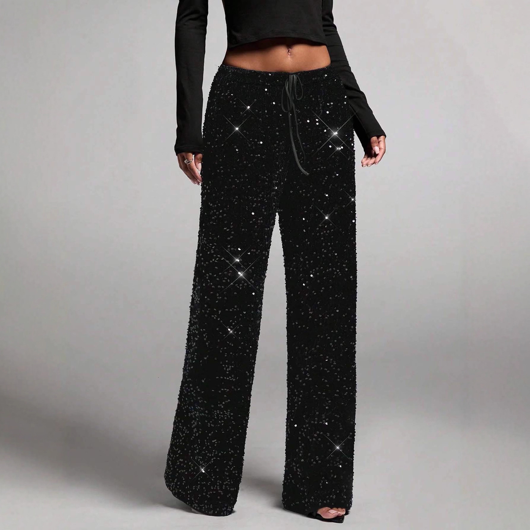 European and American cross-border sequin fashion drawstring slimming new style elastic straight-leg export-quality pants, TK hot-selling women'