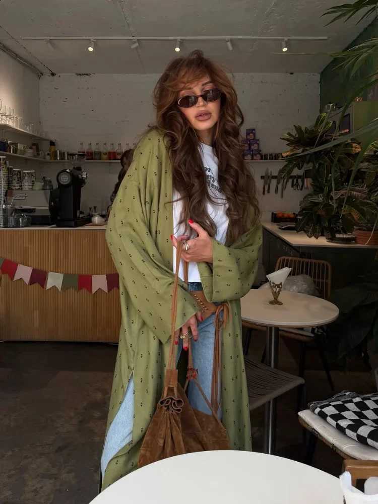 Cardigan Women Fashion Printed Long Elegant Green Long Sleeve Loose Split Coat Spring Autumn Lady Daily Street Outerwear D2609091
