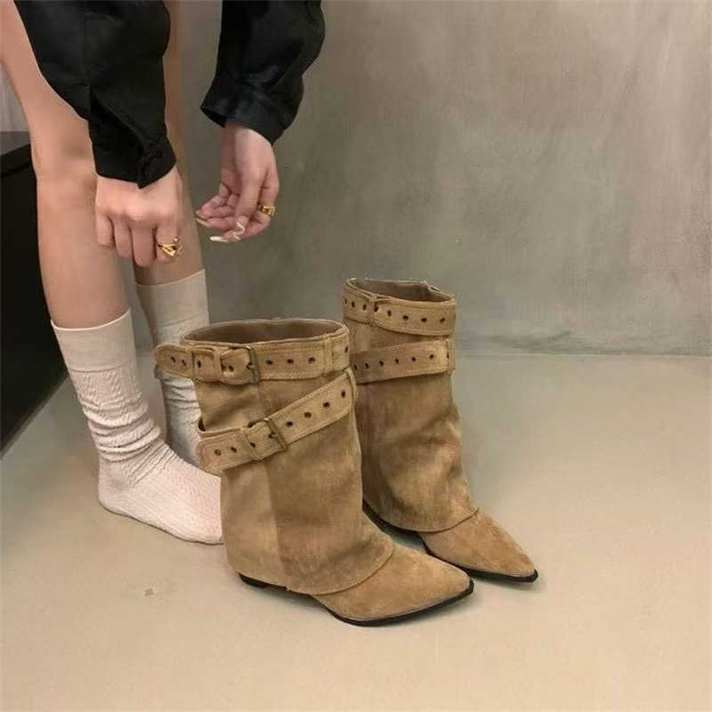 High Rubber Outsole Casual Style Synthetic Leather Upper Booties Women's Pointed Toe Long Boots Chunky Heel Western Calf D260917