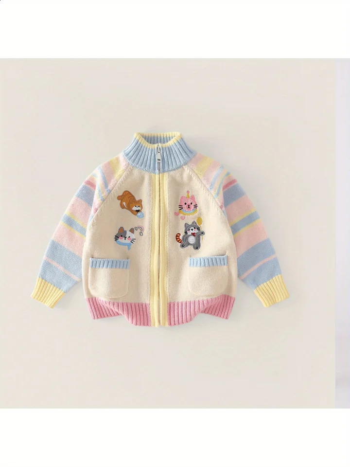 Children's Knitted Cardigan Zipper Jacket Cartoon Style Embroidered Jacket Girls Spring and Autumn Sweater Spring Versatile 260916