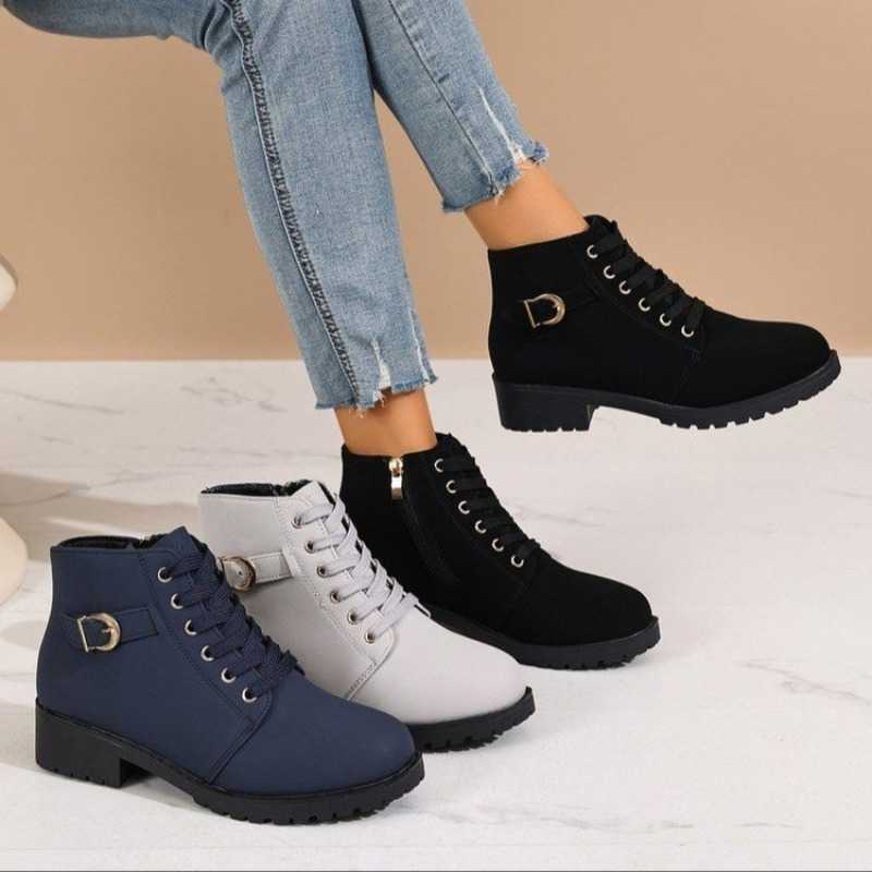 Round Toe Lace Up Women D Metal Side Zipper Low Block Heel Ankle Combat Boots Daily Street Outdoor Footwear D260917