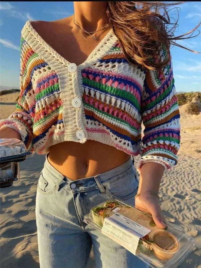 Sweater Fashionable Loose Knit Style Casual Striped Open Cardigan Top Women's Online Exclusive V-Neck Long Sleeve Short Length J260916