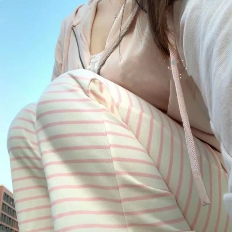 Y2k Sweet Pink Striped Casual Pants for Women Summer Harajuku Straight Trousers 2026 High Waist Loose Wide Leg 260917