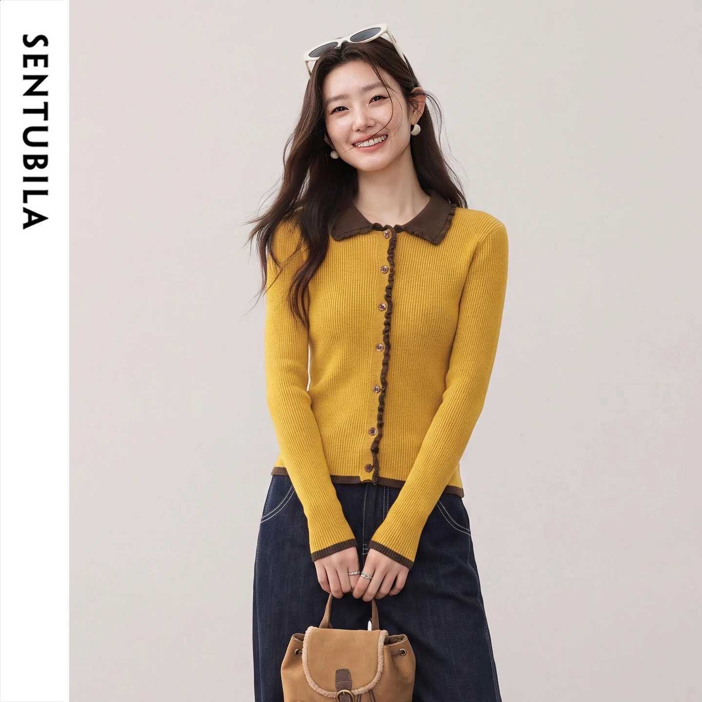 WoolBlend Women SENTUBILA Sentubila Ribbed Knit Cardigan Autumn ColorBlock Collared Retro Elegant Commuter Sweater W63HD8636 J260916