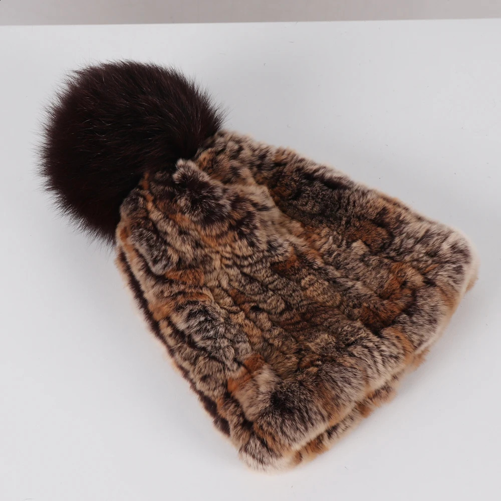 Good Elastic Knit Fox Fur Pompom Hats For Women Striped Natural Rex Rabbit Fur Caps Winter Girls Fashion Fur Beanies Hat 260917