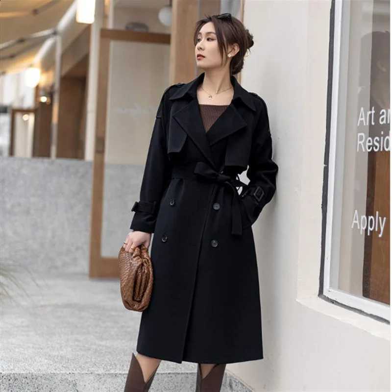 End Knee Length Trench High Coat Women's 2026 Spring Autumn Temperament Design British Double Breasted Long Loose Lace-Up D2609091