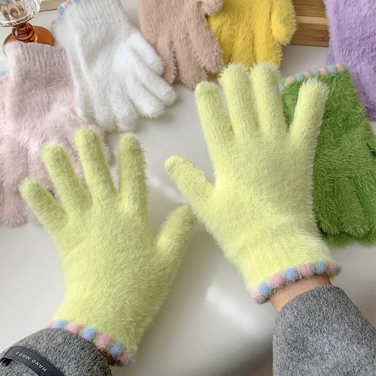 Little Sugar Bean Plush Gloves for Women, Autumn Winter, Warm and Thick, Furry, Fingerless, Touchscreen, Split Finger, Student, Cycling, Cold Protec
