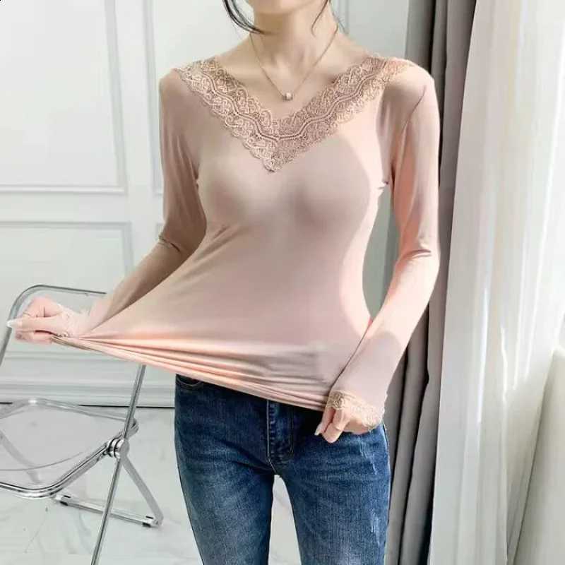 Thermal Underwear For women Blouse New Winter Female Warm Bottomed Clothes Lace V-Neck Pullover Full Sleeve Slim T-Shirt H260916