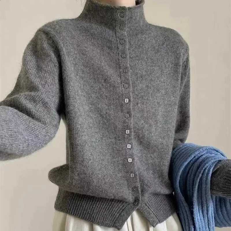 Stand Collar Button Women Down Knit Cardigan Sweater Korean Style Casual Knitwear Solid Color Soft Knitted Top for Autumn Winter J260916