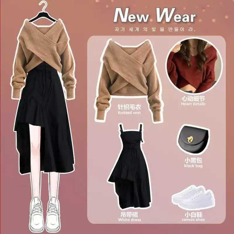 Spring Autumn Fashion Cross Women's Sweater Korean Lady Trendy Knit Pullover Irregular Tank Dress Two Piece Set 2024 New OutfitsW260915