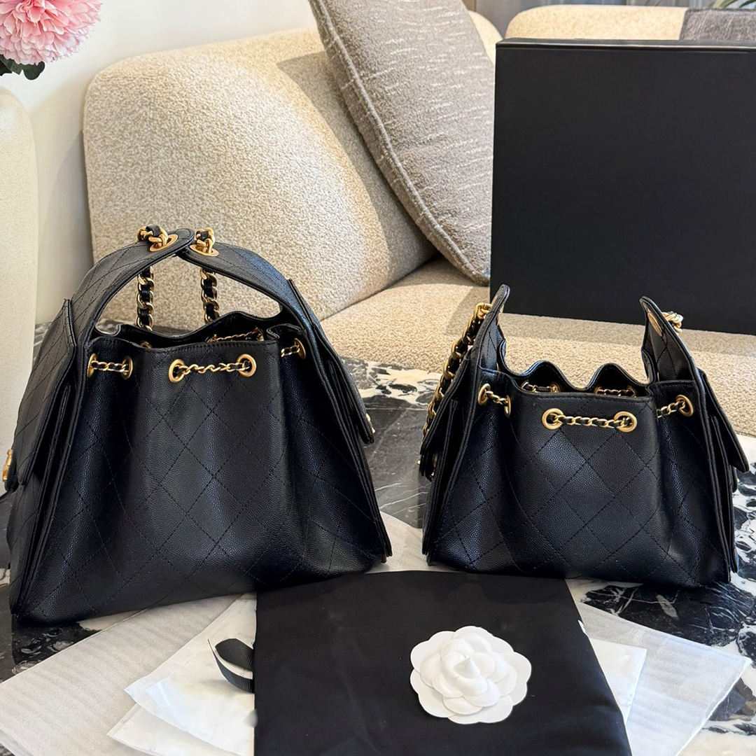 Hobo Bags Genuine Leather Bucket Bags Luxury Crossbody New Classic Black with Gold Accents Large-Capacity Crossbody Bags Trendy Cr
