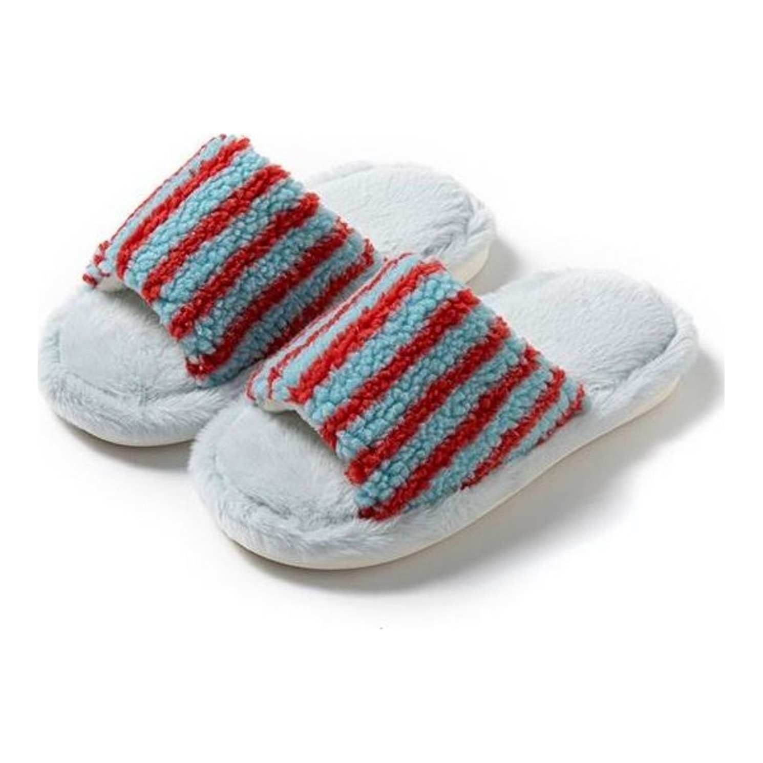 Striped Colorblock Fluffy Slides Women, Open Toe Plush Indoor House Slippers, Warm Faux Fur Bedroom Shoes Retro Style, Wholesale Bulk