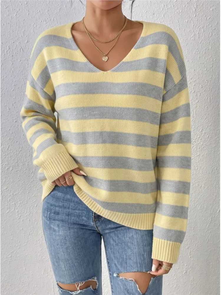 Women's Clothing V-neck Contrast Striped Pullover Sweater Long Slves All-match Loose Simple Style Comfortable Casual Fashion S260917S23D