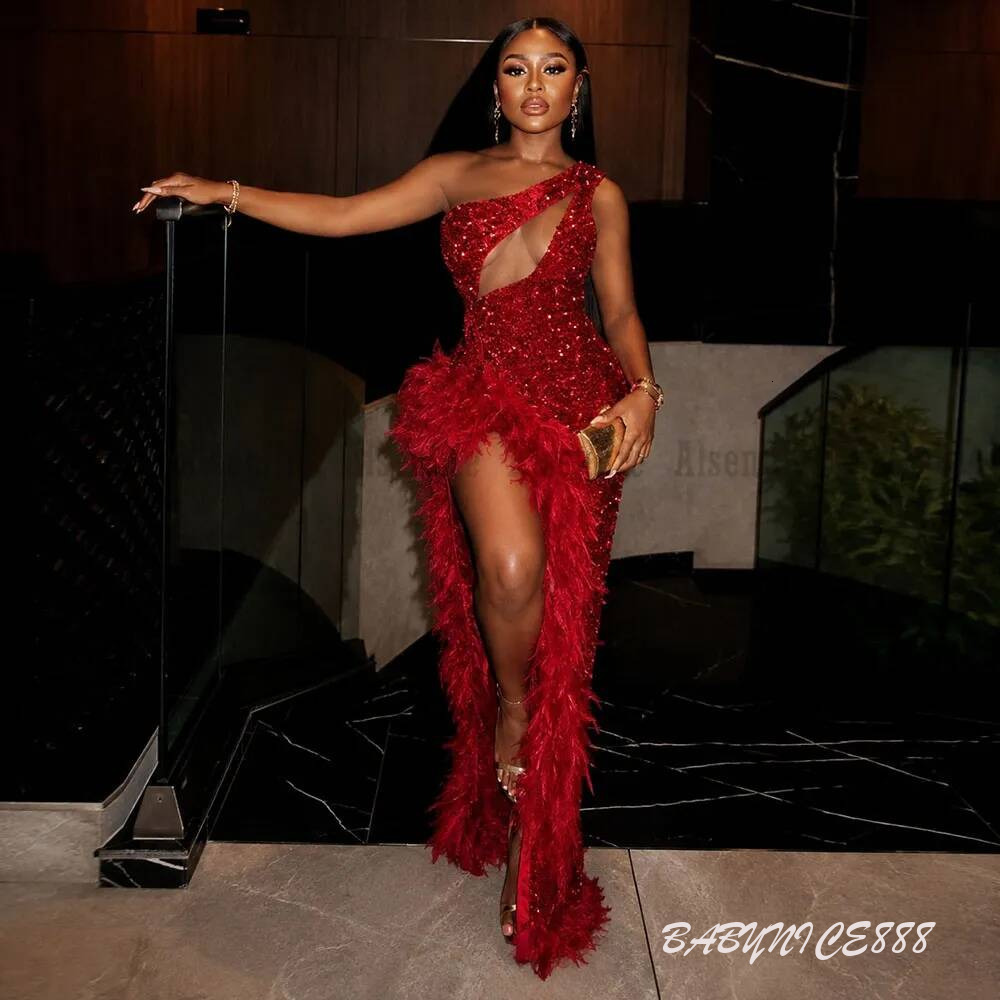 Glitter Red Long Prom Dreses Feathers Black Girls One Shoulder Sequins Evening Gown Birthday Party Gala Dress