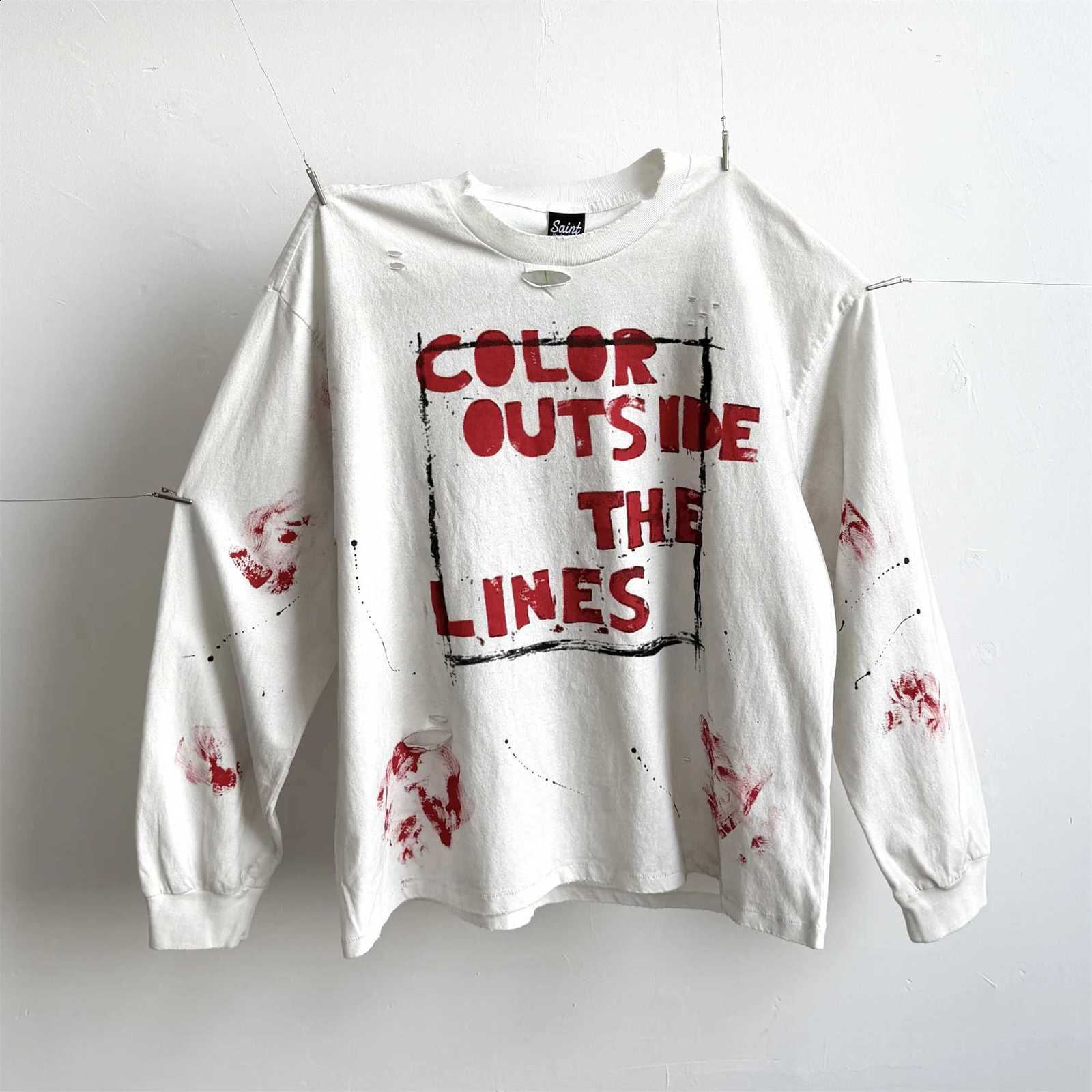 26SS SAINT OF MICHAEL Street Dirty Graffiti Print High-Street Vintage Full Cotton Quality Long Sleeve Sweatshirt T-Shirt X260916