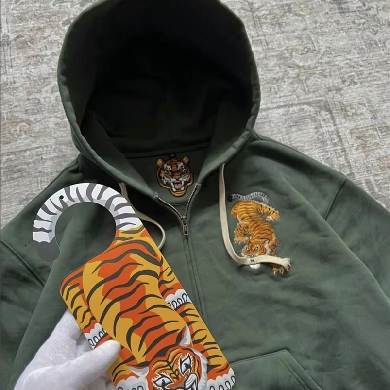 Y2K Tiger Claw Embroidery Vintage Double Zipper Loose Hoodie Sweatshirt for Men and Women Harajuku Trendy Casual Street Style 260916