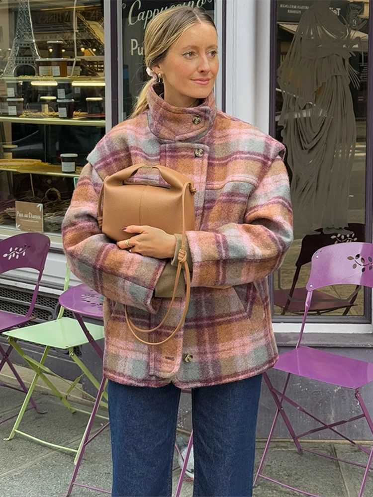 High Wool Blend Neck Plaid Coat Multi-Color Oversize Long Sleeve 2025 Autumn Preppy Women Outerwear Fashion Retro-Chic Lady Coat C260917