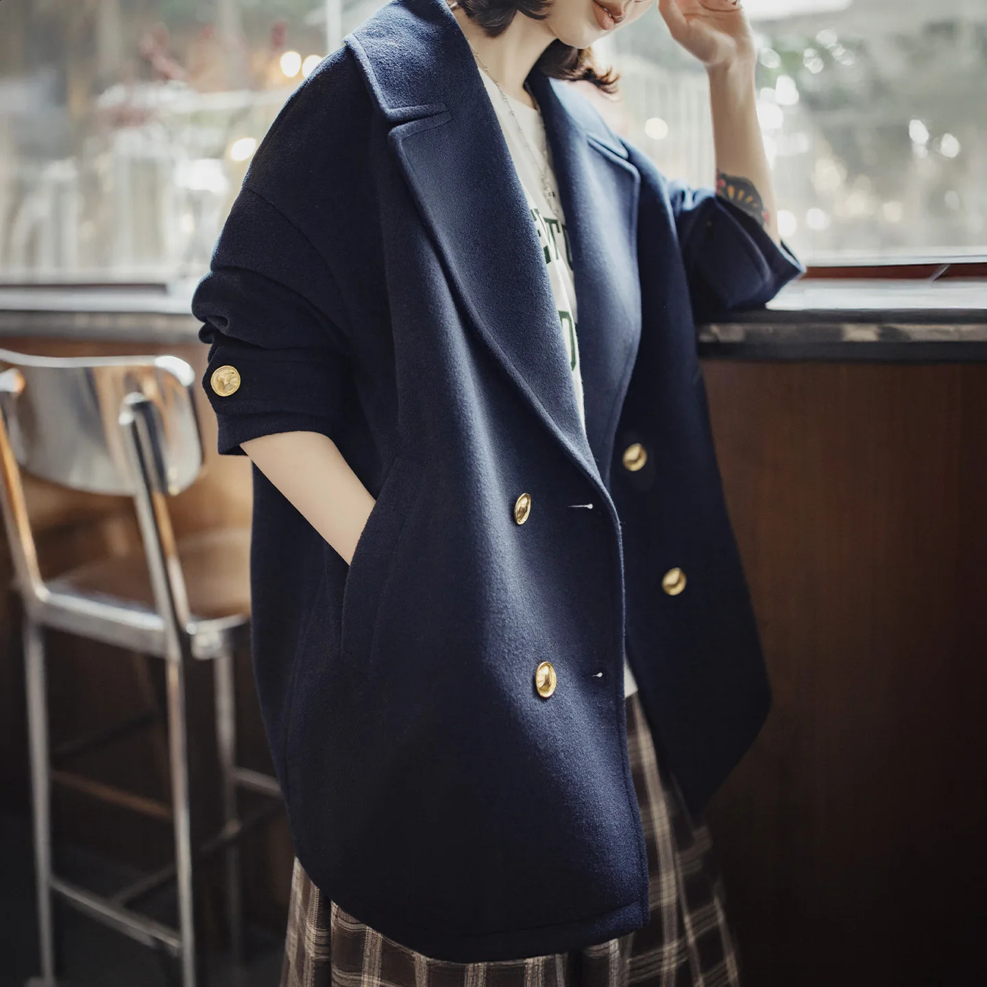 Maden Women's Coat Midlength Thickened Overcoat Double Breasted Lapel Jacket Warm Navy Blue Preppy Style Casual Outerwear 260917