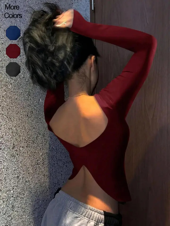 Ladies Solid Color Round Neck Long Sleeve TShirt Slim Fit Casual Style Daily Top Comfortable Fashionable Backless n 260917