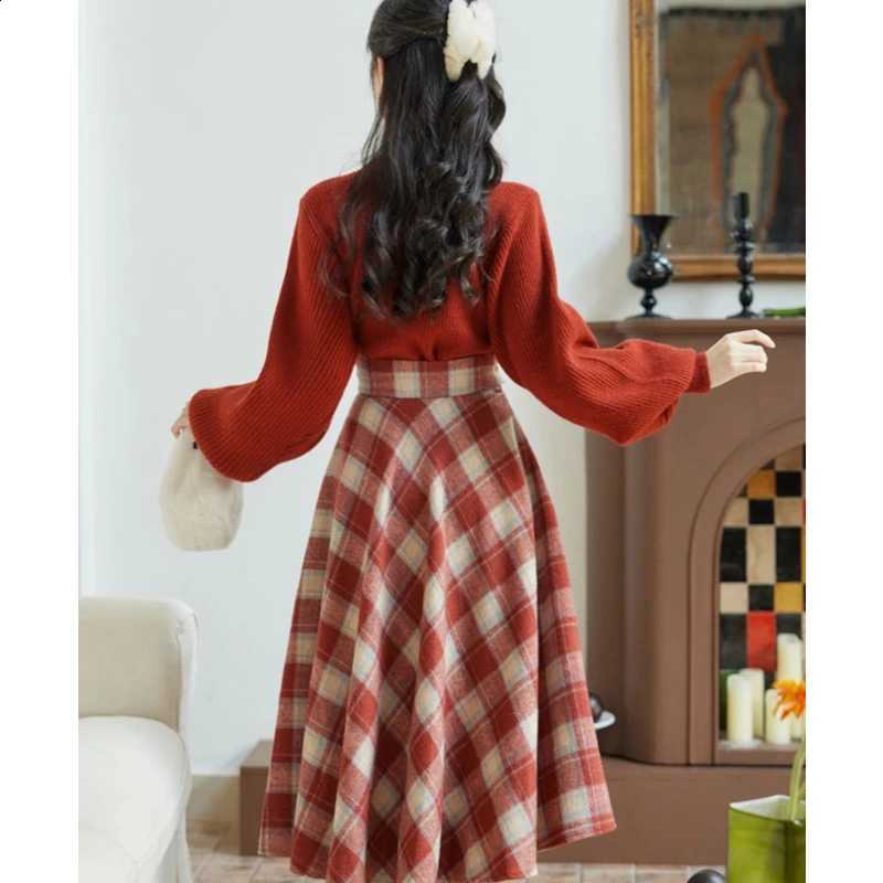 Winter Women Matching Sets Autumn Red Halter V-Neck Sweater Plaid Skirts Two Piece Suit England Style Vintage Slim OutfitsW260915