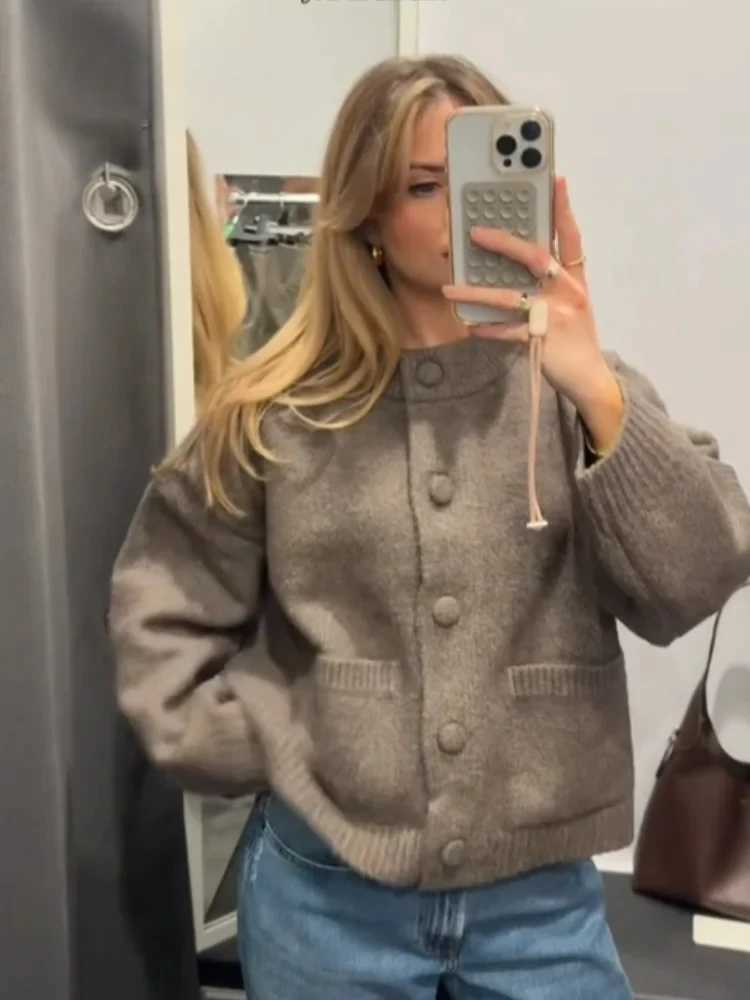 Mingmingxi Casual Solid Knitted Sweater Women Street Single Breasted O-neck Full Sleeve Loose Open Stitch Female S260917JUJL