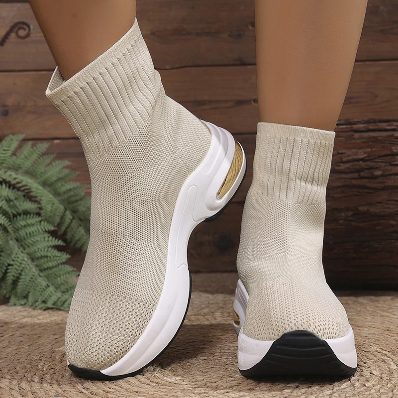 Plus Size 43 Knitted Wedges Ankle Boots Woman Slip On Breathable Chunky Platform Sock Boots Woman Comfy Thick Sole Short Booties 260917