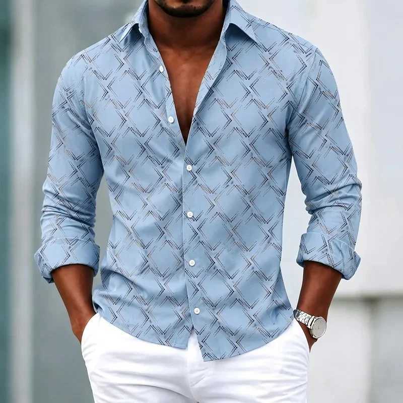 Men's Shirt with Geometric Diamond Grid Printed Long-Sved Shirt for Spring Business and Leisure Loose Collared Men's Shirt Q260917