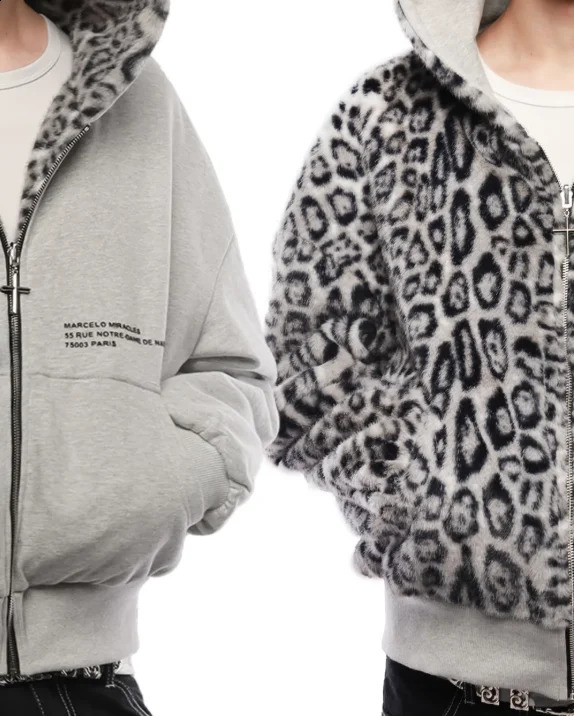 Leopard Print Two Sides Retro Fashion Wearing Loose Zipper Hoodie Men High Street Trend Punk Casual Oversized Sweatshirts Women 260916