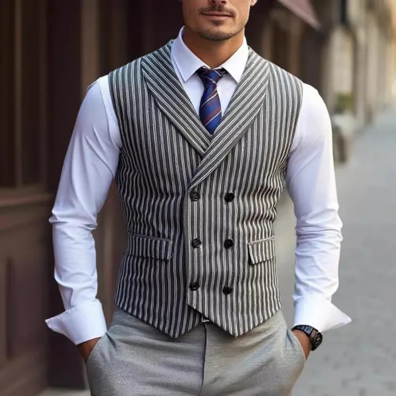 2025 European and American Retro Doublebreasted Suit Vest Men's British Business Casual Grey Striped Vests for Men 260917