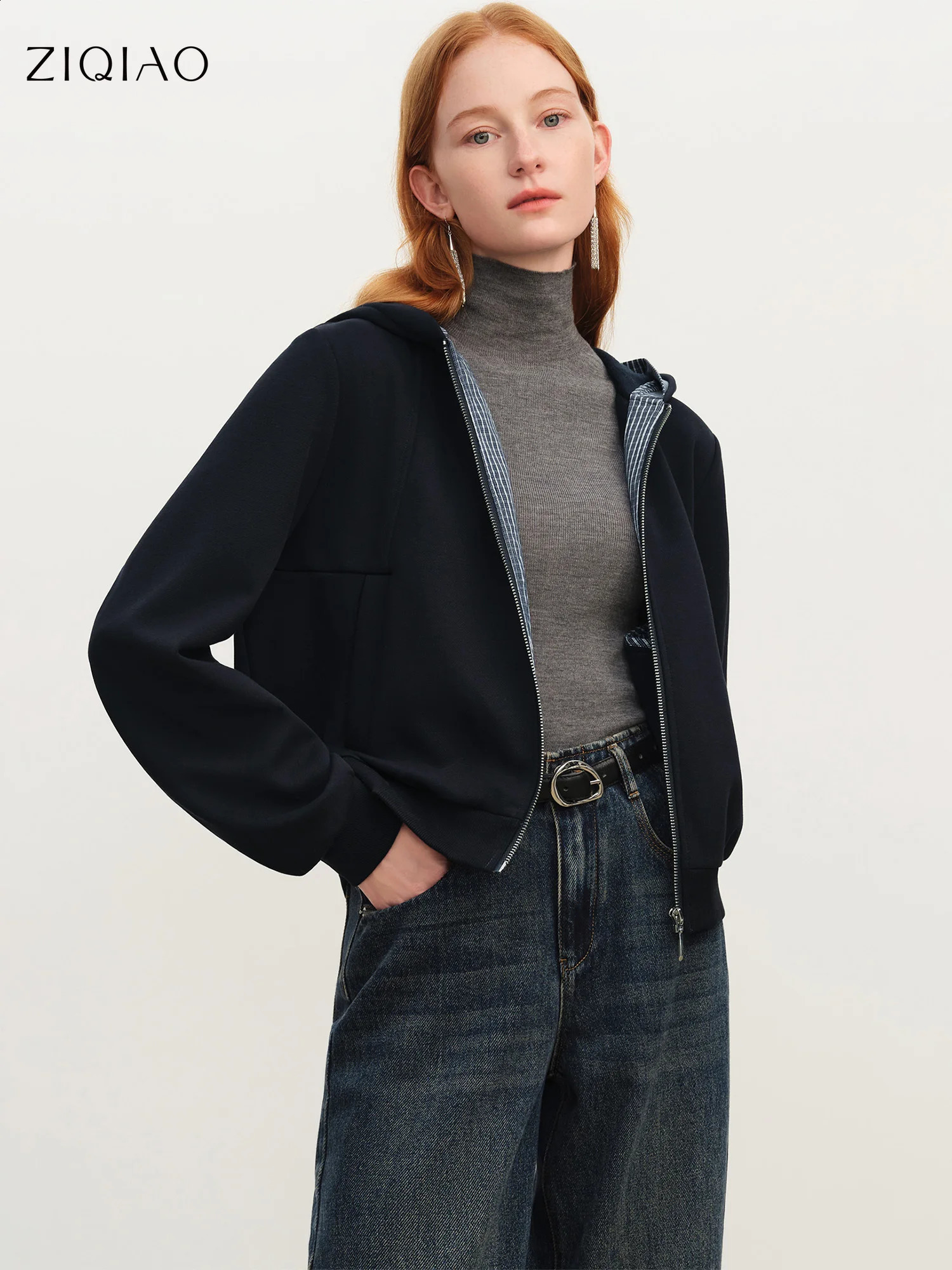 ZIQIAO Plaid Stitching Velvet Contrast Color Hooded Sweatshirt Casual Jacket for Women Winter Straight Simple 260917