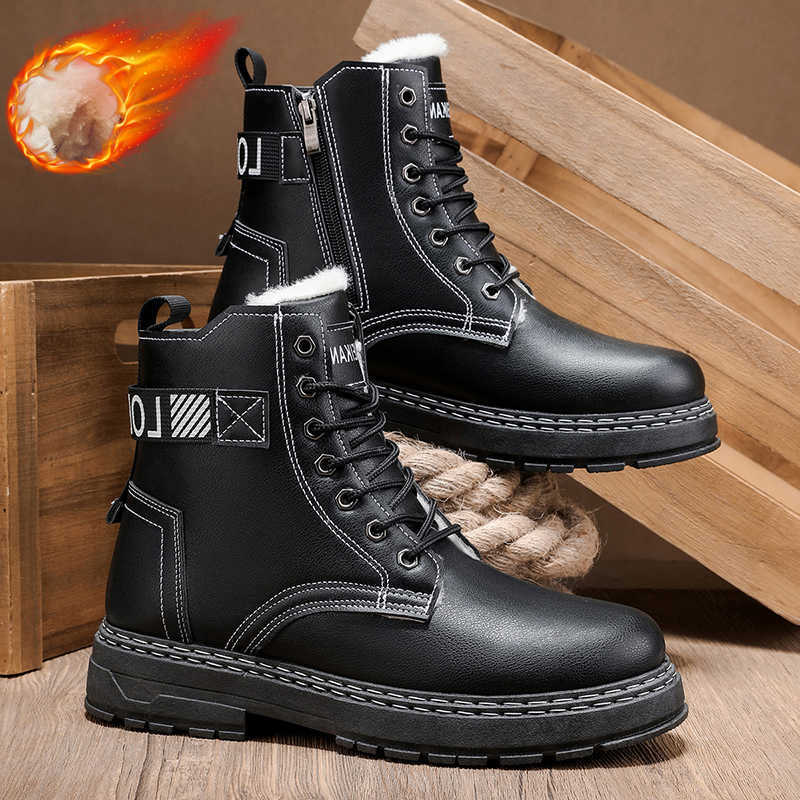 Men's Winter Boots Fleece Lined Warm Black Stylish Motorcycle Boots for Snow fa1able And Comfortable Men's Footwear D260917