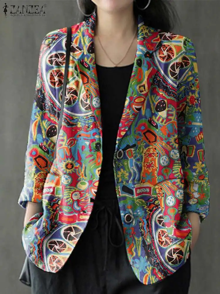 ZANZEA Autumn Vintage Long Sleeve Printed Coats Female Thin Tops Women Blazer Spring Summer Cotton Shirt Casual Outwears 260917