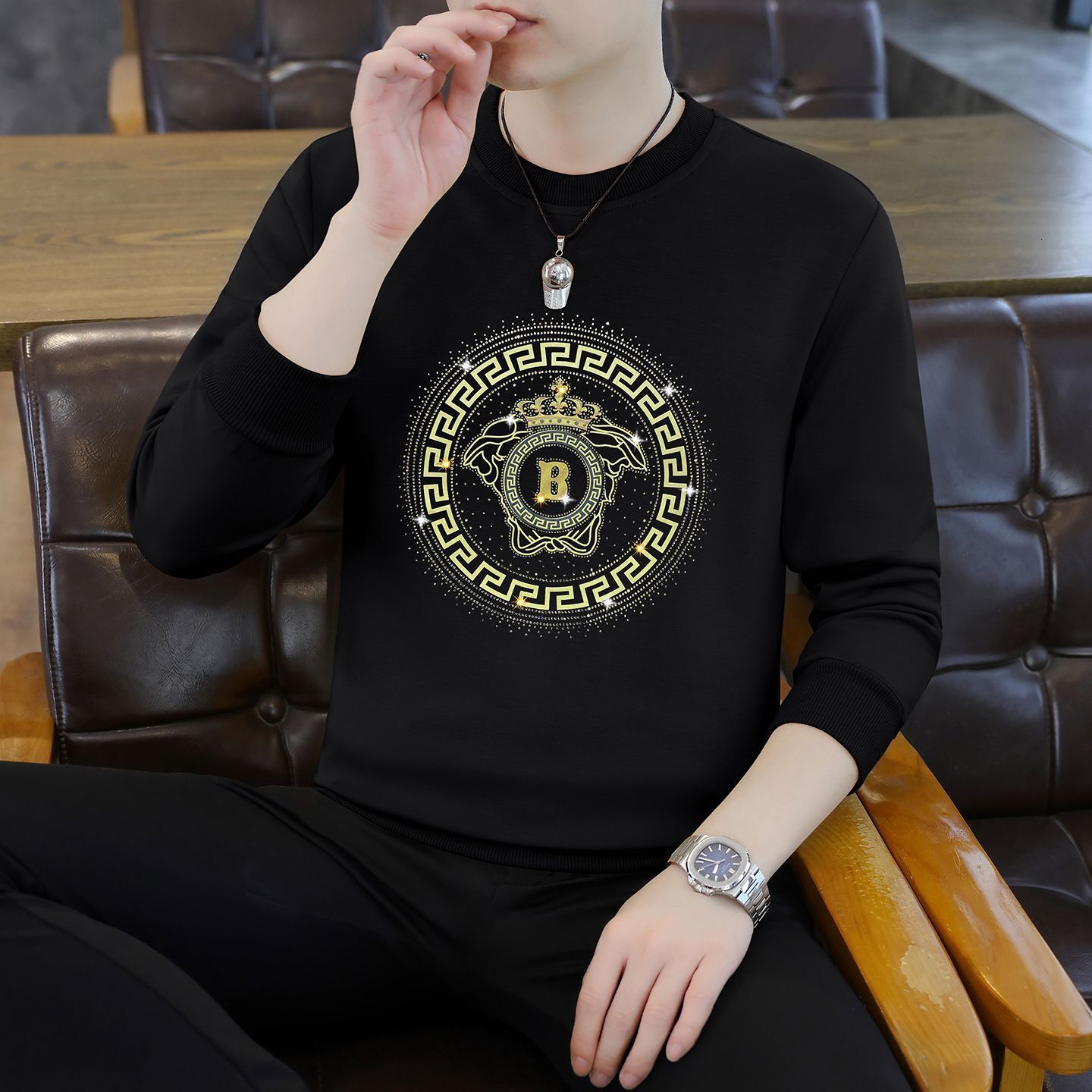 European-Style Rhinestone-Printed Sweatshirt, Men's T-Shirt, New Autumn/Winter Collection, Round Neck, Long-Sleeve T-Shirt For Teenagers, Base