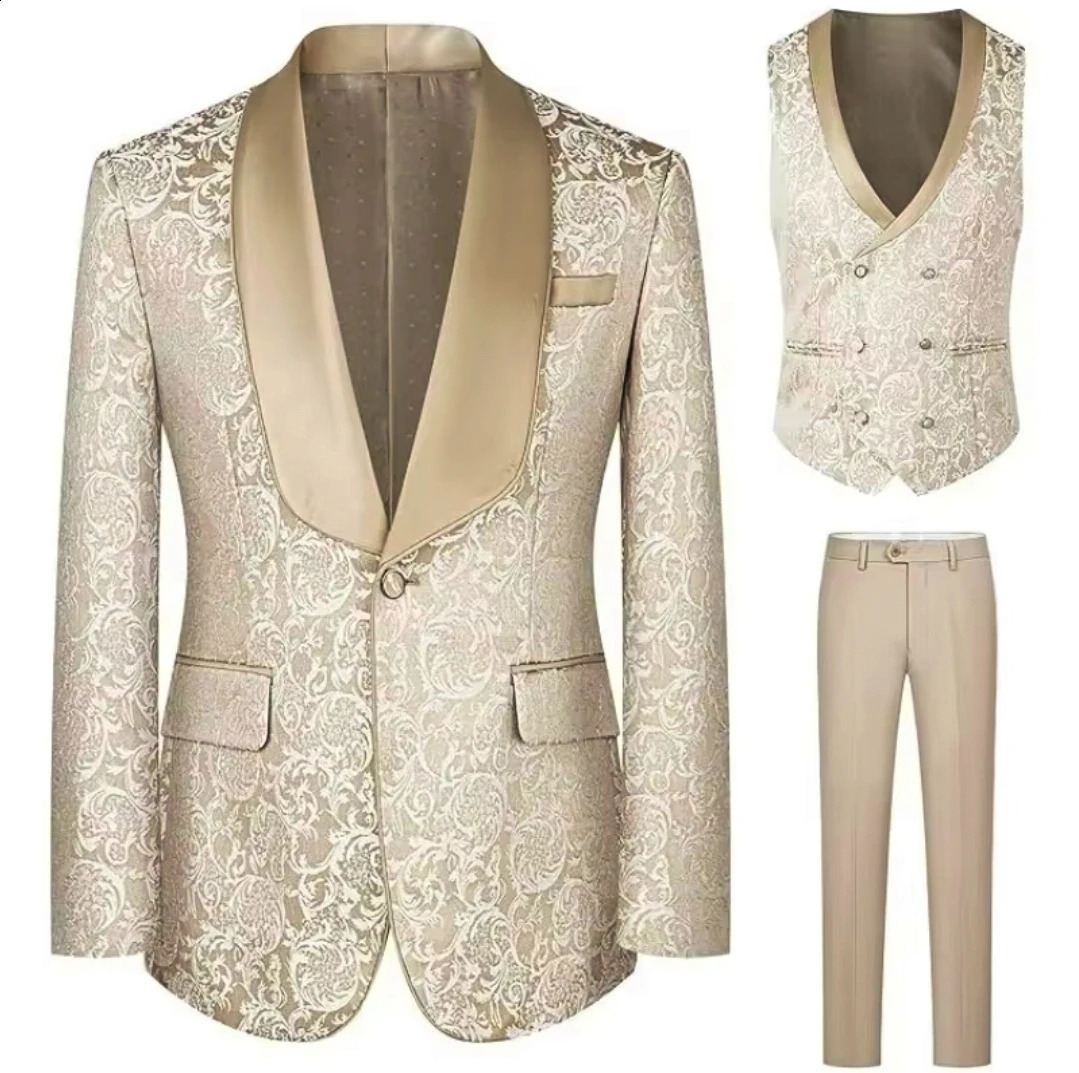 Champagne Jacquard Wedding Men Suits One Button Shaw Lapel Blazer Elegant Business Prom Party 3 PCS Jacket Vest Pants Set 260914