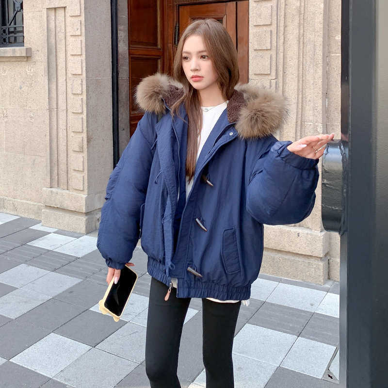 New Horn Button Hooded Winter Down Cotton Jacket Women Chic Faux Fur Collar Baggy Parkas Coat Korean Street Warm Padded Jackets H260917
