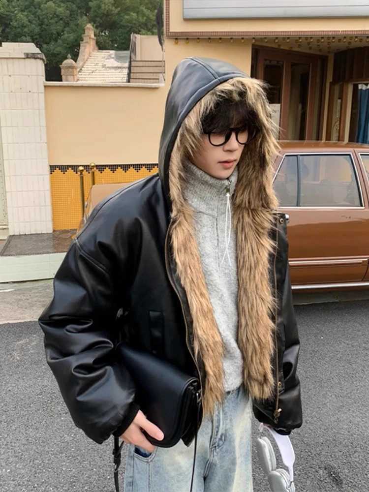 Fur Fashion Double-sided Wear Faux Coats Men 2025 Winter New Fleece Lined Thickened Trendy PU Leather Hooded Short Jacket ParkasW260915