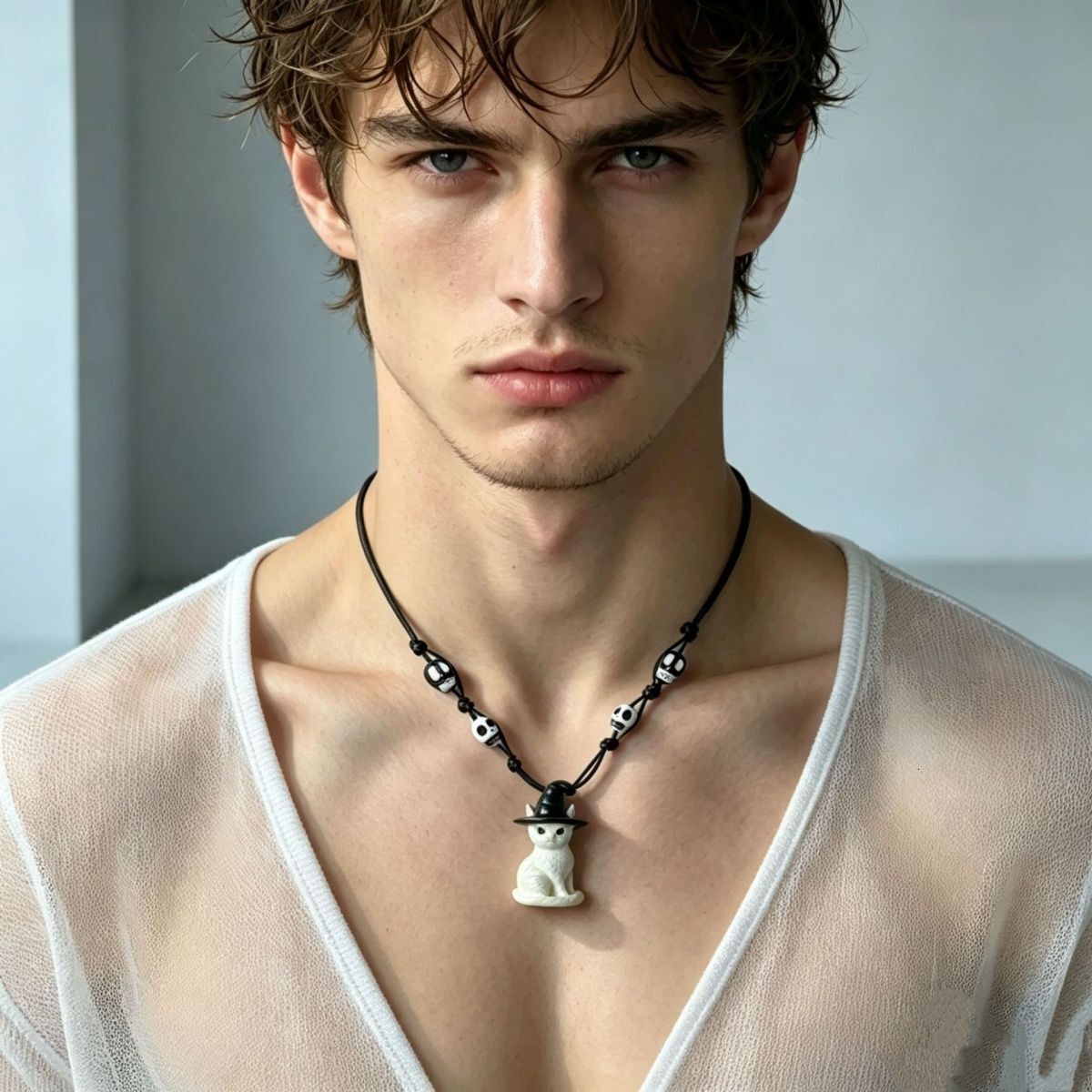 Couple's Halloween Accessories: Wizard Hat, White Cat, Black Rope Necklace, Vintage Niche Skull Collarbone Chain For Men And Women
