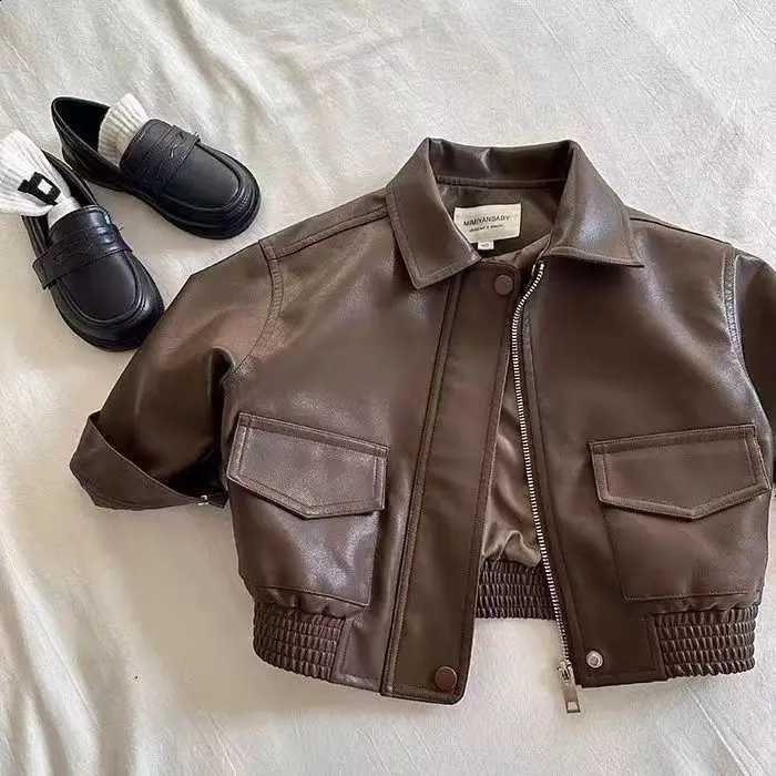Leather Spring Boys Autumn Coat Baby Boys Girls Zipper Jackets Brown PU Leather Lapel Collar Coats Toddler Cardigans Child TopsT260916