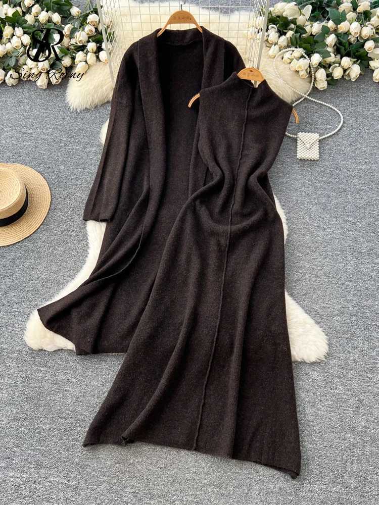 Knitted SINGREINY Fashion Autumn French Sets Long Cardigans+Sleeveless Slim Long Dress Winter Cozy Simple 2Pcs SetsW260915