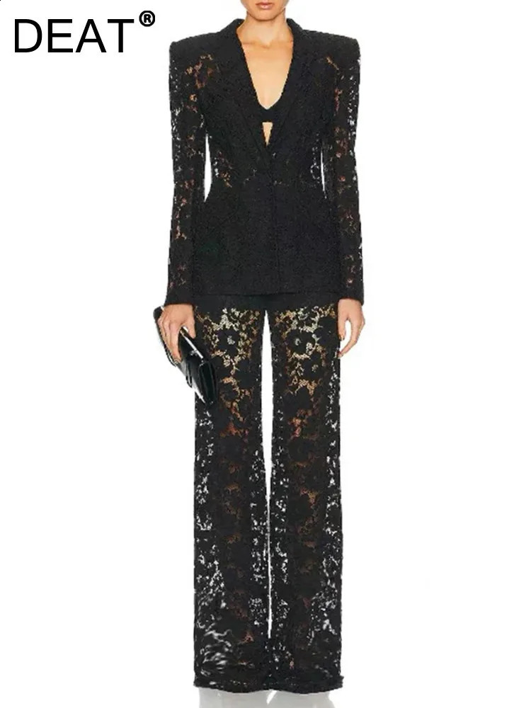 DEAT Elegant 2 Pcs Set Lapel Button Long Sleeve Blazer High Waist Lace Straight Pant Women's Suit 2026 Summer 35Z2566 260915