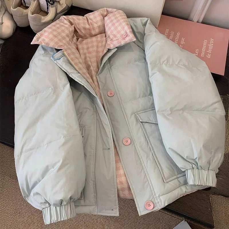Chic Reversible Women Padded Jacket Contrast Plaid Coat Button Down Quilted Pink Buttons Winter Warm Preppy Retro Parkas H260917