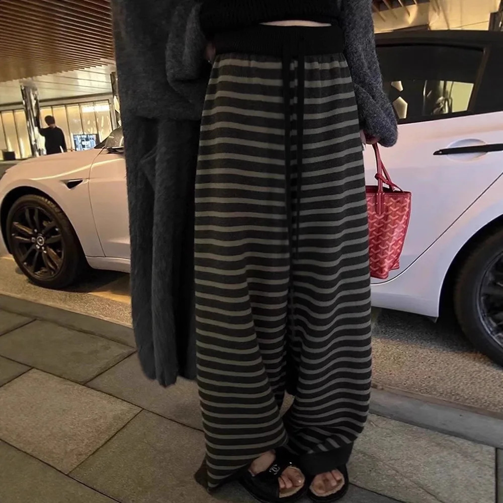 Lazy Striped Wide Leg Pants Womens Loose Vintage Trousers Low Waist Autumn Winter Y2k Aesthetic Pajama Lounge Trend 2026 260917